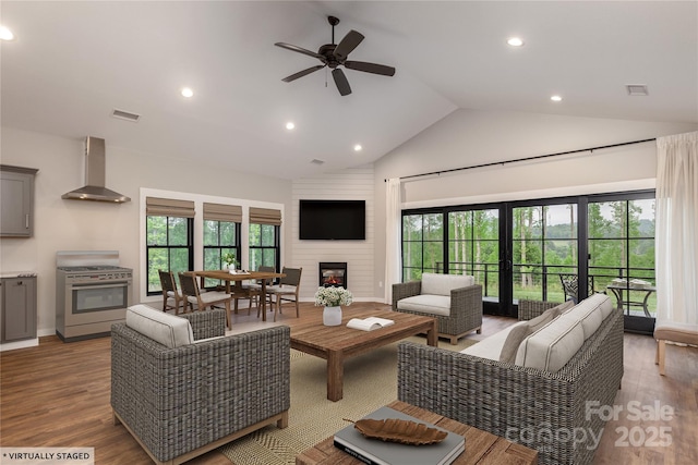 467 Dale Rd, Spruce Pine, NC 28777 - living area featuring ceiling fan, healthy amount of natural light, high vaulted ceiling, recessed lighting, and a fireplace