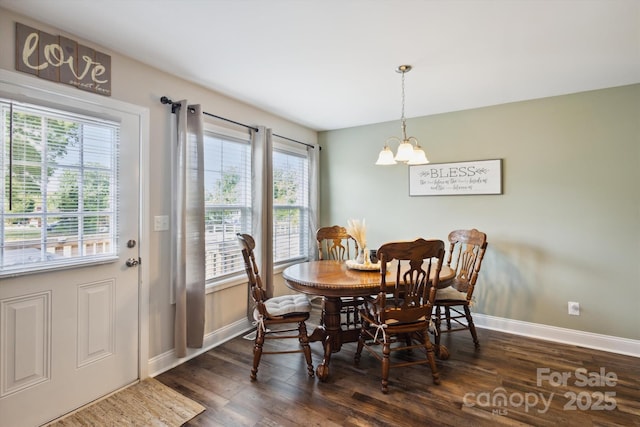 835 Jet St, Kannapolis, NC 28081 - dining space with dark wood finished floors, baseboards, and a chandelier