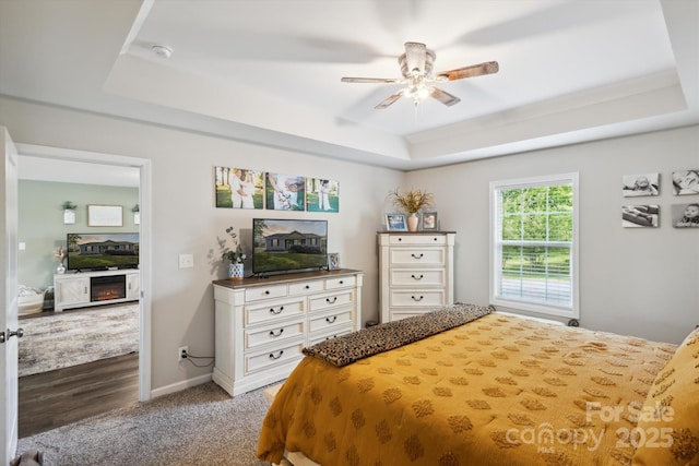 835 Jet St, Kannapolis, NC 28081 - bedroom featuring a raised ceiling, baseboards, carpet floors, and a ceiling fan