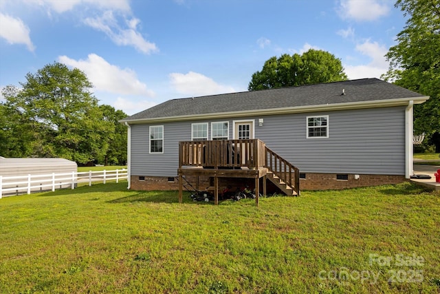 835 Jet St, Kannapolis, NC 28081 - rear view of property featuring crawl space, a deck, stairway, and a shingled roof