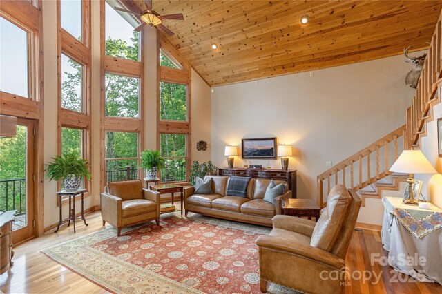 268 Trappers Run Dr, Burnsville, NC 28714 - living area with high vaulted ceiling, stairs, wood finished floors, wood ceiling, and a ceiling fan