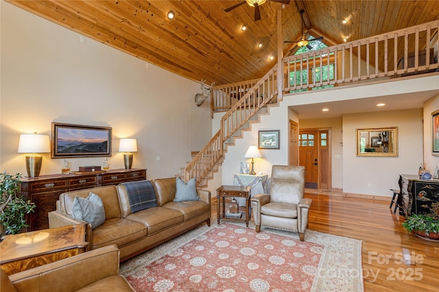 268 Trappers Run Dr, Burnsville, NC 28714 - living room with ceiling fan, wood ceiling, stairway, wood finished floors, and high vaulted ceiling