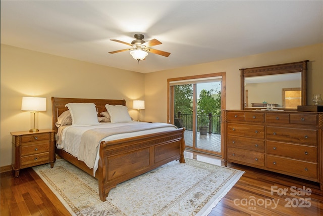 268 Trappers Run Dr, Burnsville, NC 28714 - bedroom featuring access to exterior, dark wood-type flooring, and ceiling fan