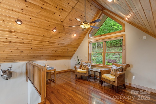 268 Trappers Run Dr, Burnsville, NC 28714 - living area with wood ceiling, lofted ceiling, wood finished floors, baseboards, and ceiling fan