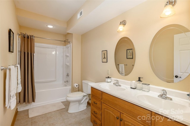 268 Trappers Run Dr, Burnsville, NC 28714 - full bath with double vanity, toilet, shower / tub combo, tile patterned floors, and recessed lighting