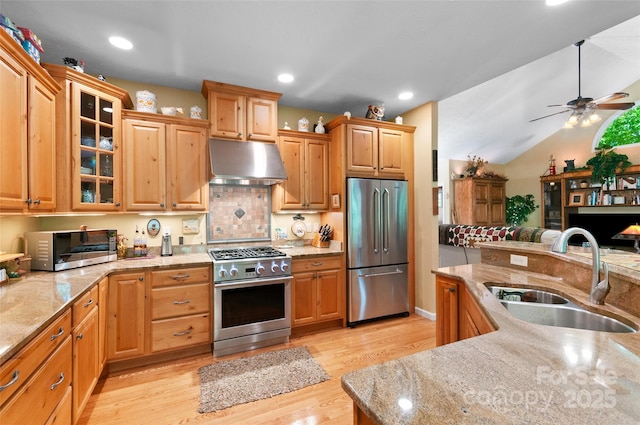 399 Stepping Stone Ln, Waynesville, NC 28786 - kitchen featuring appliances with stainless steel finishes, under cabinet range hood, light wood-style floors, glass insert cabinets, and backsplash