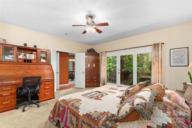 399 Stepping Stone Ln, Waynesville, NC 28786 - bedroom with light carpet, access to exterior, a desk, ceiling fan, and french doors