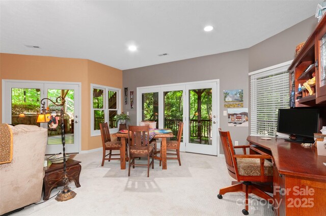399 Stepping Stone Ln, Waynesville, NC 28786 - dining room with french doors, plenty of natural light, a desk, light carpet, and recessed lighting