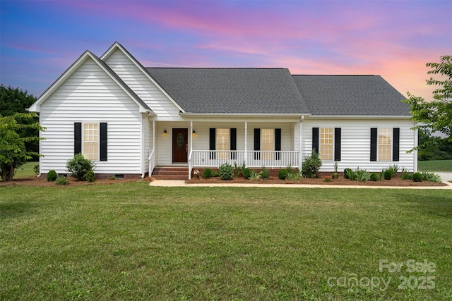 6201 New Hope Church Rd, Marshville, NC 28103 - view of front of home with covered porch, a front lawn, crawl space, and roof with shingles