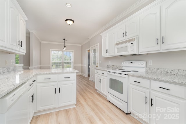 6201 New Hope Church Rd, Marshville, NC 28103 - kitchen with white appliances, white cabinetry, a peninsula, light wood-style flooring, and light stone countertops