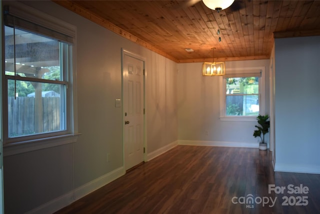 1109 Edwards St, Rock Hill, SC 29732 - unfurnished dining area featuring wood ceiling, a chandelier, dark wood-style flooring, and baseboards