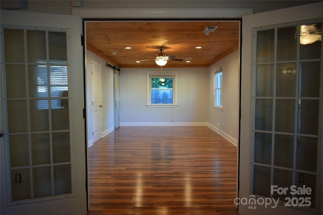1109 Edwards St, Rock Hill, SC 29732 - empty room with wood finished floors, a ceiling fan, recessed lighting, wooden ceiling, and baseboards