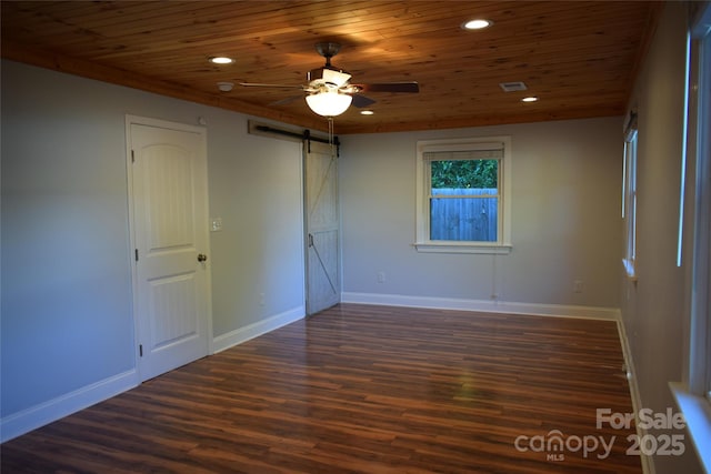 1109 Edwards St, Rock Hill, SC 29732 - empty room with wood ceiling, a barn door, recessed lighting, dark wood finished floors, and ceiling fan