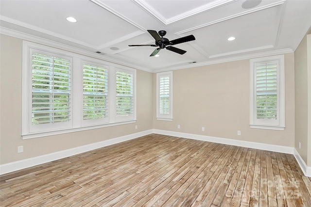 11052 Preservation Park Dr, Charlotte, NC 28214 - empty room with wood finished floors, coffered ceiling, baseboards, a ceiling fan, and crown molding