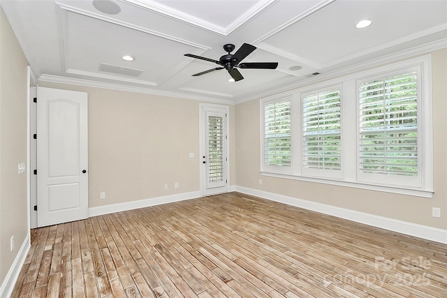 11052 Preservation Park Dr, Charlotte, NC 28214 - spare room with light wood-type flooring, baseboards, coffered ceiling, a ceiling fan, and crown molding