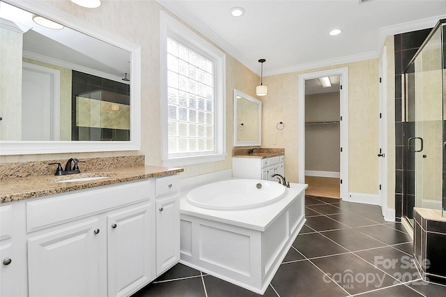 11052 Preservation Park Dr, Charlotte, NC 28214 - bathroom with a stall shower, crown molding, two vanities, plenty of natural light, and tile patterned floors