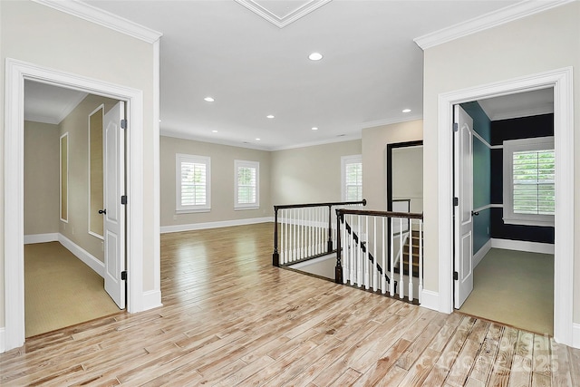 11052 Preservation Park Dr, Charlotte, NC 28214 - corridor with an upstairs landing, light wood-style floors, ornamental molding, baseboards, and recessed lighting