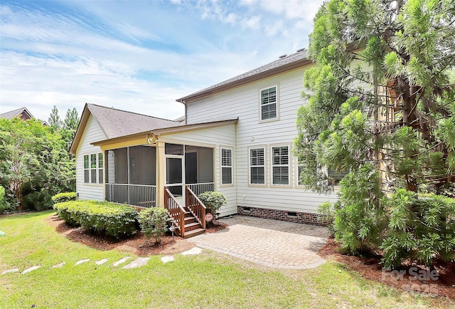 11052 Preservation Park Dr, Charlotte, NC 28214 - back of property with crawl space, a lawn, a sunroom, a patio, and a shingled roof