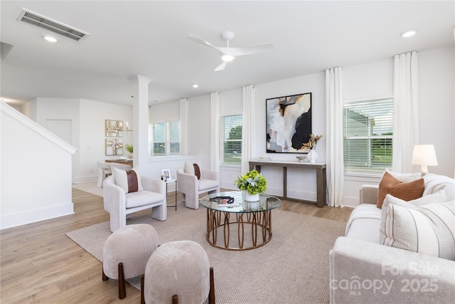 32616 Millingport Rd Unit 7144, New London, NC 28127 - living area featuring wood finished floors, recessed lighting, decorative columns, and a ceiling fan