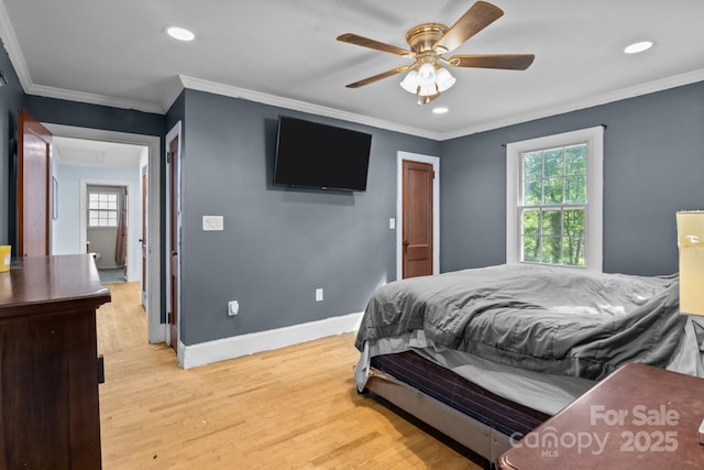 800 Woodlawn St, Belmont, NC 28012 - bedroom with light wood-style floors, recessed lighting, ornamental molding, ceiling fan, and attic access