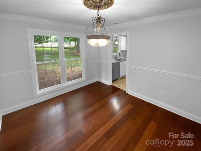 10518 Fairway Ridge Rd, Charlotte, NC 28277 - unfurnished dining area featuring a sink, dark wood-style flooring, ornamental molding, and baseboards