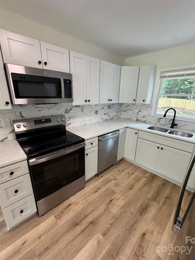 3700 Denson Pl, Charlotte, NC 28215 - kitchen featuring appliances with stainless steel finishes, a sink, decorative backsplash, light wood-style flooring, and white cabinetry