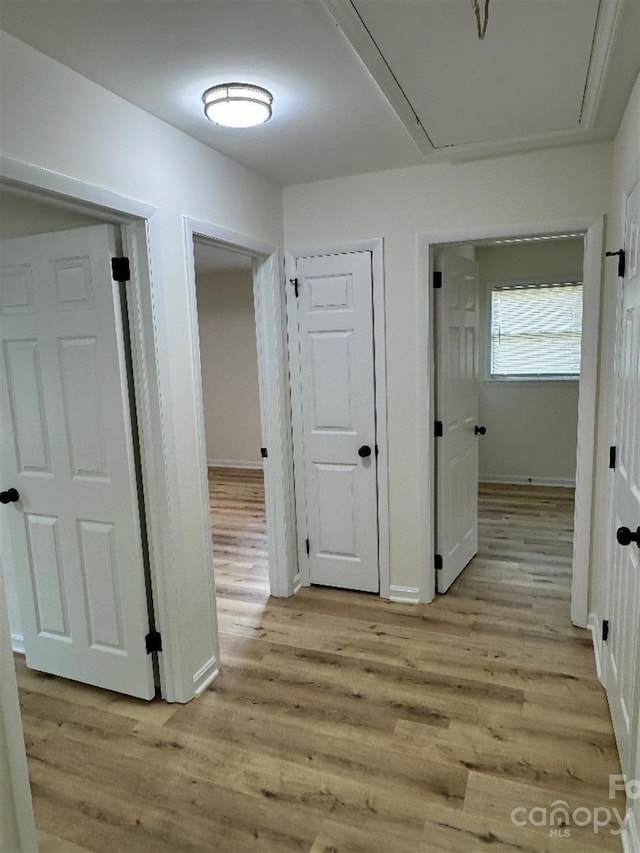 3700 Denson Pl, Charlotte, NC 28215 - corridor featuring attic access, light wood-style flooring, and baseboards