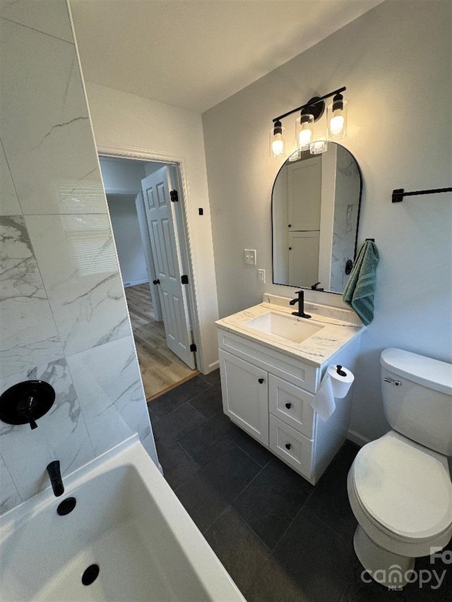 3700 Denson Pl, Charlotte, NC 28215 - bathroom with vanity, toilet, baseboards, and a bath
