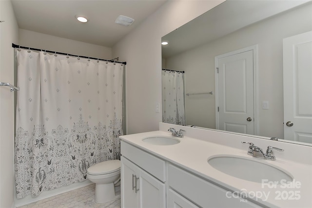 9505 Cotswood Pl, Gastonia, NC 28056 - bathroom featuring double vanity, tile patterned floors, recessed lighting, and curtained shower