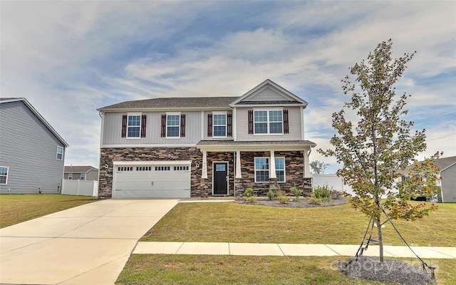 9505 Cotswood Pl, Gastonia, NC 28056 - craftsman-style house featuring stone siding, driveway, a garage, and covered porch