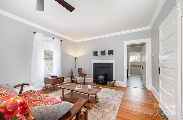 380 Woodlawn Ave, Cramerton, NC 28032 - living area with a wood stove, ornamental molding, a ceiling fan, and light wood-style floors