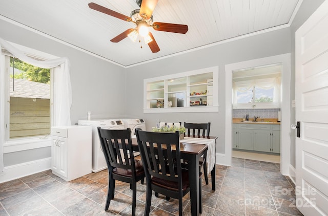 380 Woodlawn Ave, Cramerton, NC 28032 - dining space with stone finish flooring, a ceiling fan, and crown molding