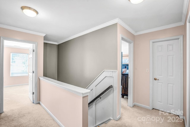 1503 Stoney Ct, York, SC 29745 - corridor featuring an upstairs landing, light carpet, baseboards, and ornamental molding
