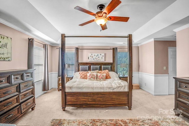 1503 Stoney Ct, York, SC 29745 - bedroom with light carpet, ornamental molding, baseboards, a tray ceiling, and a wainscoted wall