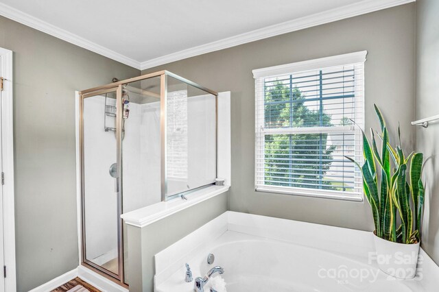 1503 Stoney Ct, York, SC 29745 - bathroom featuring healthy amount of natural light, a shower stall, a garden tub, and crown molding