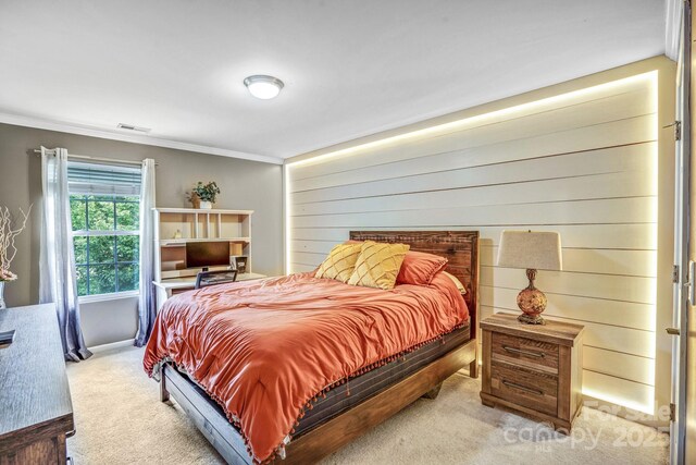 1503 Stoney Ct, York, SC 29745 - bedroom featuring light colored carpet, ornamental molding, and wooden walls