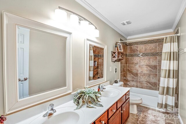 1503 Stoney Ct, York, SC 29745 - full bathroom featuring double vanity, toilet, shower / bath combination with curtain, and ornamental molding