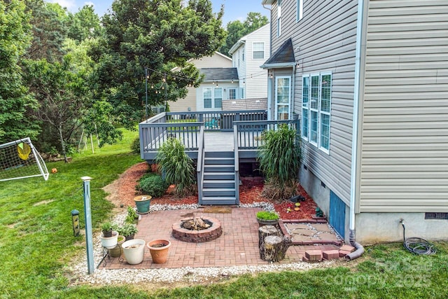1503 Stoney Ct, York, SC 29745 - view of grassy yard with a fire pit, a patio area, a deck, and stairway