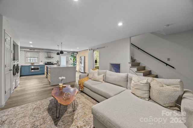 3528 Colony Rd Unit A, Charlotte, NC 28211 - living room with light wood-style flooring, recessed lighting, and stairs
