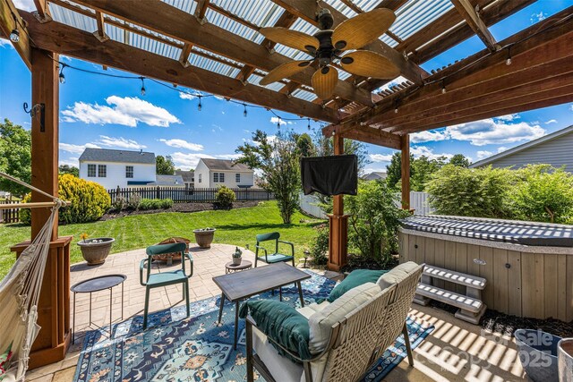6107 Raisin Tree Ln, Charlotte, NC 28215 - view of patio / terrace with a hot tub, a pergola, ceiling fan, and outdoor lounge area
