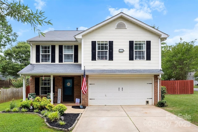 641 Saratoga Dr, Clover, SC 29710 - view of front of house featuring brick siding, a porch, concrete driveway, an attached garage, and a shingled roof
