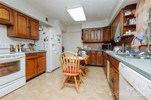 773 Peppers Creek Rd, Marion, NC 28752 - kitchen with white appliances, a sink, decorative backsplash, and brown cabinetry