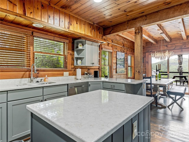 399 Toxaway Ct, Lake Toxaway, NC 28747 - kitchen featuring gray cabinets, wooden ceiling with exposed beams, stainless steel dishwasher, a sink, and a peninsula