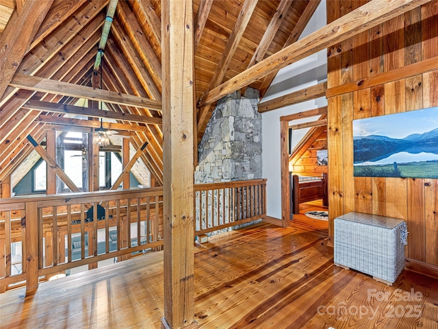 399 Toxaway Ct, Lake Toxaway, NC 28747 - bonus room featuring hardwood / wood-style flooring, ceiling fan, wood ceiling, wood walls, and a mountain view