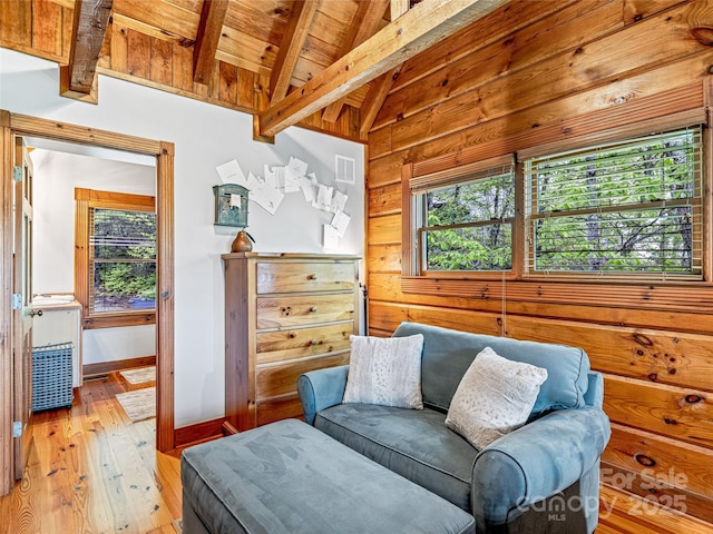 399 Toxaway Ct, Lake Toxaway, NC 28747 - sitting room with light wood-style flooring, wooden ceiling, baseboards, and wooden walls