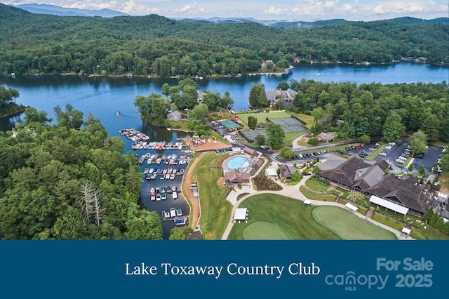 399 Toxaway Ct, Lake Toxaway, NC 28747 - aerial overview of property's location with a heavily wooded area and a water and mountain view