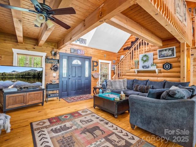 321 River Ridge Parkway, Rutherfordton, NC 28139 - living area featuring log walls, stairway, wooden ceiling, light wood-type flooring, and ceiling fan