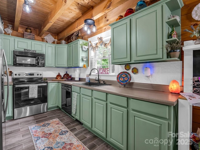 321 River Ridge Parkway, Rutherfordton, NC 28139 - kitchen with black appliances, a sink, wooden ceiling with exposed beams, and green cabinetry