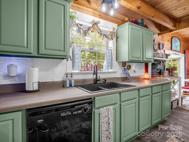 321 River Ridge Parkway, Rutherfordton, NC 28139 - kitchen featuring a sink, dishwasher, green cabinets, wooden ceiling with exposed beams, and wood walls