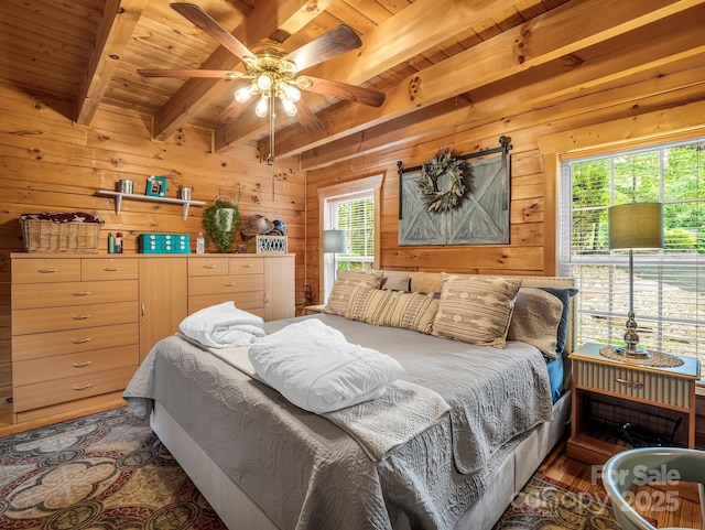 321 River Ridge Parkway, Rutherfordton, NC 28139 - bedroom featuring wood ceiling with exposed beams, wood walls, multiple windows, and ceiling fan